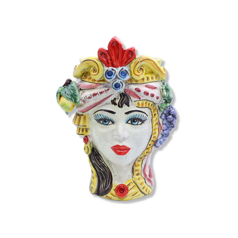 Classic Sicilian head with fruit in Caltagirone ceramics, Craquele enamel, h 27 cm approx. RP mod - 