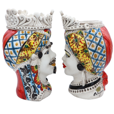 Cabeças de mouro siciliano (1 unidade) h aproximadamente 28 cm Cerâmica Caltagirone, com coroa, decoração estilo carrinh