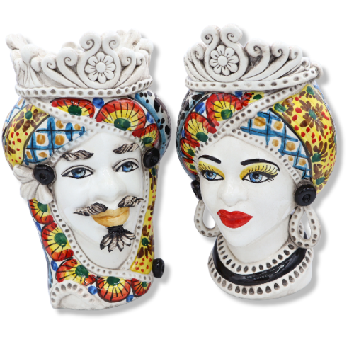 Cabeças de mouro siciliano (1 unidade) h aproximadamente 28 cm Cerâmica Caltagirone, com coroa, decoração estilo carrinh
