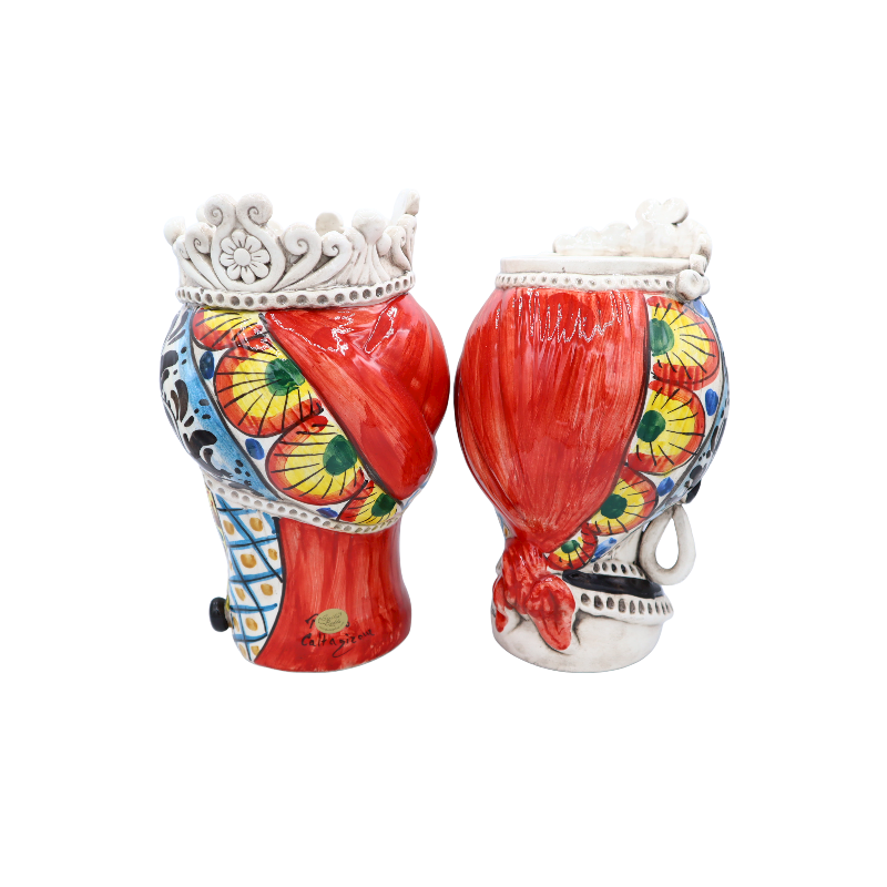 Siciliaanse Moorkoppen (1st) h ca. 28 cm Caltagirone keramiek, met kroon, decoratie in Siciliaanse karrenstijl - 