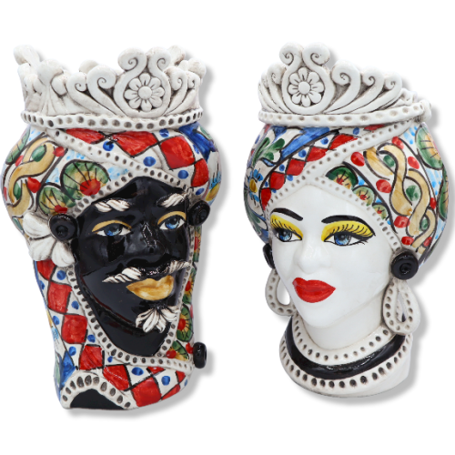 Tête de maure de Caltagirone avec couronne, décoration de style charrette sicilienne, Hauteur environ 30 cm. Modèle PR -
