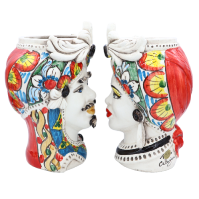 Testa di Moro Caltagirone con fregio, decoro stile carretto Siciliano, h 28 cm ca. - 