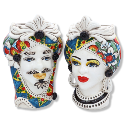 Testa di Moro Caltagirone con fregio, decoro stile carretto Siciliano, h 28 cm ca. - 