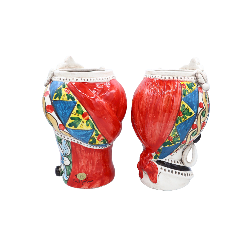 Testa di Moro Caltagirone con fregio, decoro stile carretto Siciliano, h 28 cm ca. - 