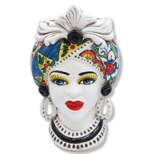 Tête de maure de Caltagirone avec frise, décoration de style charrette sicilienne, h environ 28 cm.