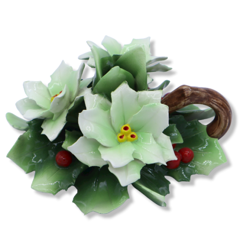 Kerzenhalter aus feiner Keramik mit weißem Weihnachtsstern, Beeren und Klee – Mod CPR - 