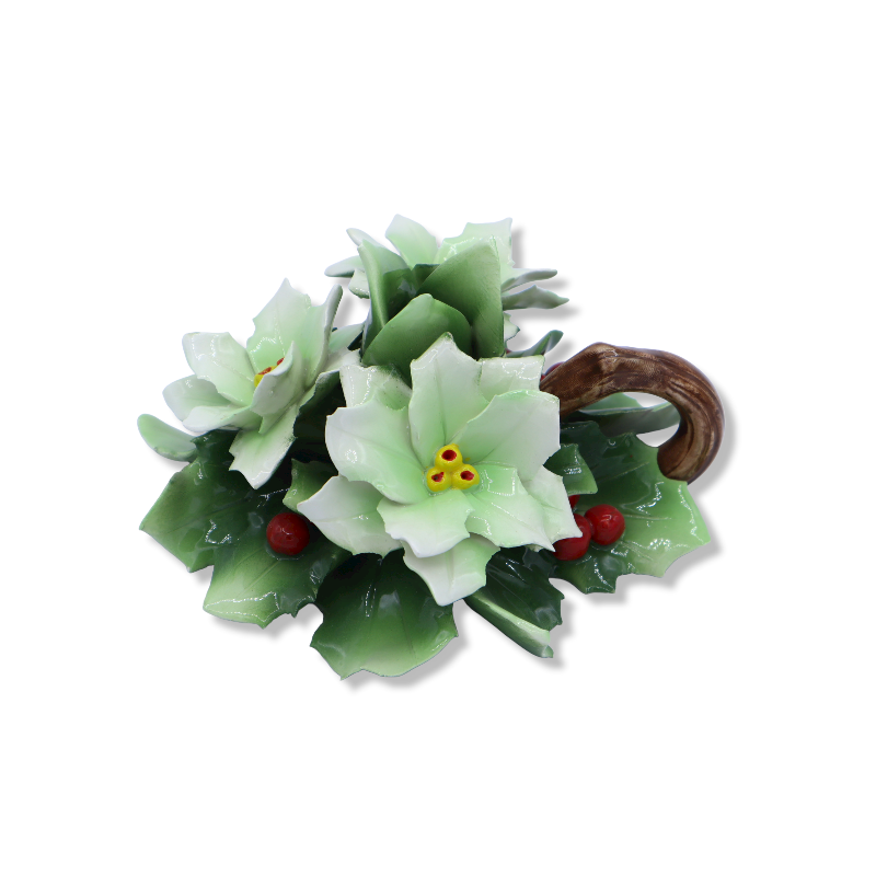 Portavelas en cerámica preciosa con poinsettia blanca, bayas y trébol - Mod CPR - 