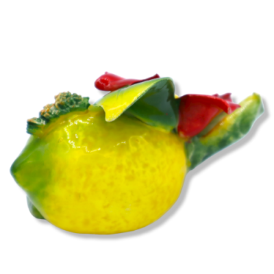 Presépio de limão em cerâmica de alta qualidade com poinsétia, largura aproximada de 11 cm. modo de RCP - 