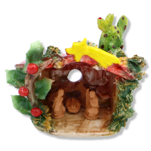 Crèche cabane en céramique fine, avec pelle à figue de barbarie, Largeur environ 14 cm. Module RCR - 