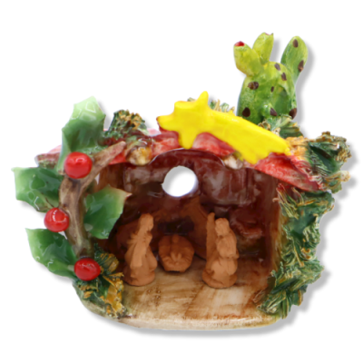 Crèche cabane en céramique fine, avec pelle à figue de barbarie, Largeur environ 14 cm. Module RCR - 