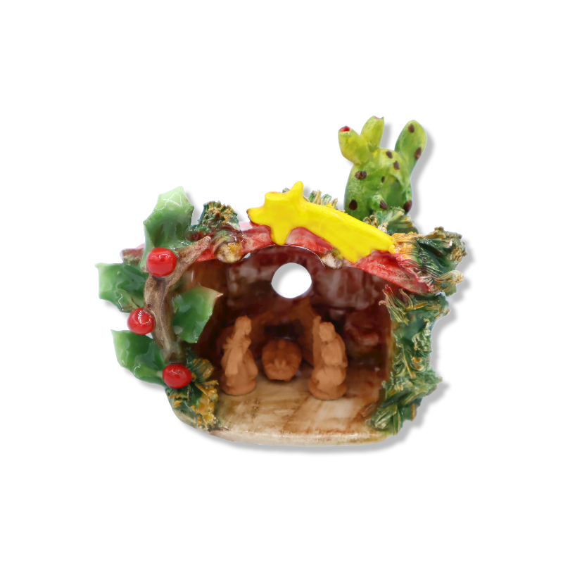 Crèche cabane en céramique fine, avec pelle à figue de barbarie, Largeur environ 14 cm. Module RCR - 