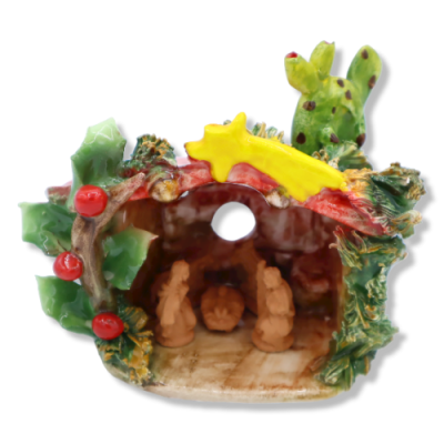 Crèche cabane en céramique fine, avec pelle à figue de barbarie, Largeur environ 14 cm. Module RCR - 