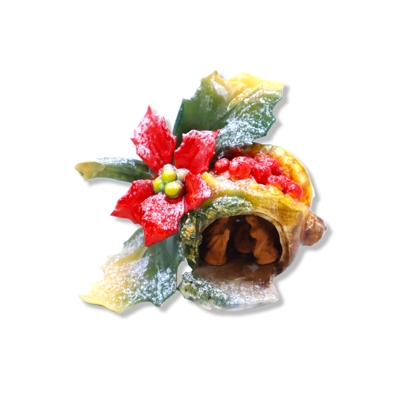 Granatapfel-Krippe aus feiner Keramik mit Weihnachtsstern, mit oder ohne Schnee, L14 cm ca. CPR-Mod - 