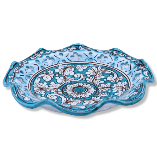 Centerpiece in Caltagirone ceramic, scalloped and perforated, baroque decoration, d 30 cm approx. Mod TD - 