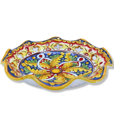 Centrotavola in ceramica Caltagirone, smerlato e traforato con 2 opzioni misura (1Unità) decoro barocco e centrino - 