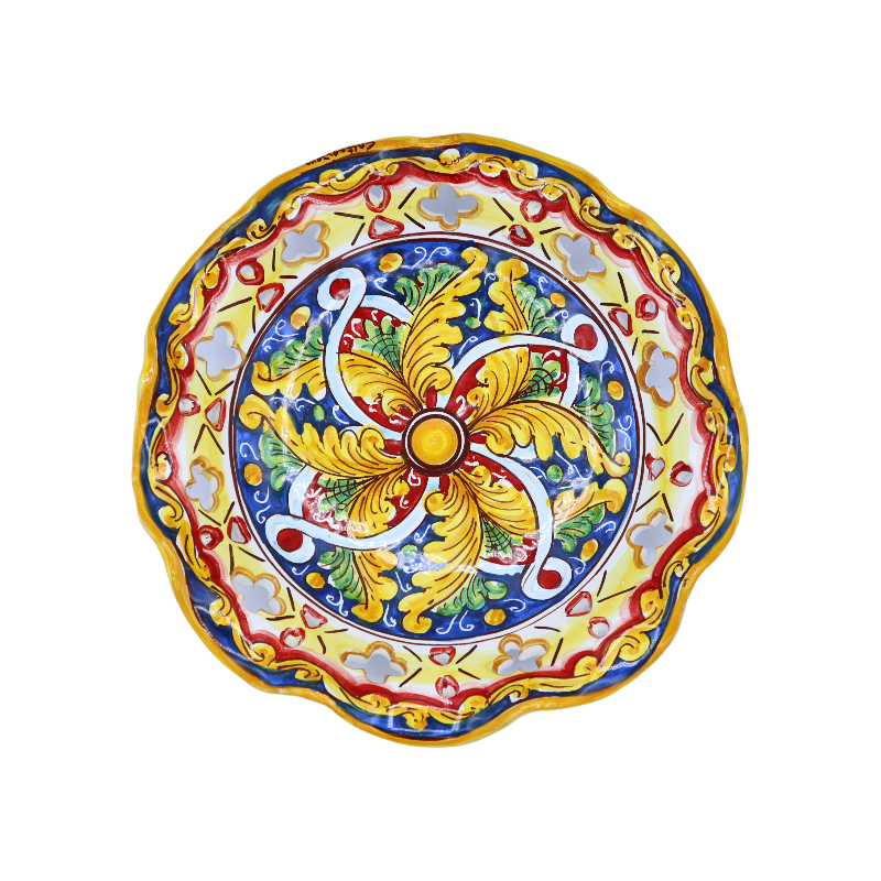Centrotavola in ceramica Caltagirone, smerlato e traforato con 2 opzioni misura (1Unità) decoro barocco e centrino - 