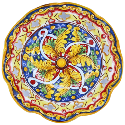 Centrotavola in ceramica Caltagirone, smerlato e traforato con 2 opzioni misura (1Unità) decoro barocco e centrino - 