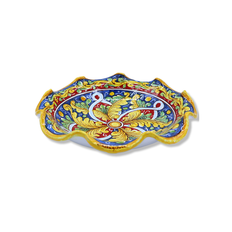Centrotavola smerlato in ceramica Caltagirone, 2 opzioni misura (1pz) decoro barocco e nastrino, fondo blu/rosso -