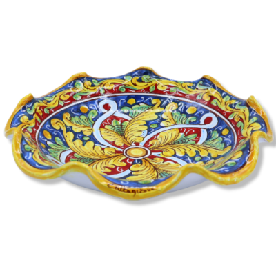 Caltagirone keramiskt bågat mittstycke, 2 storleksalternativ (1 st) barockdekor och band, blå/röd bakgrund - 