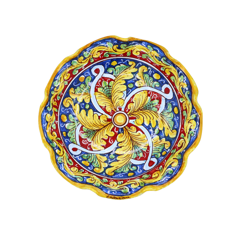 Caltagirone keramiskt bågat mittstycke, 2 storleksalternativ (1 st) barockdekor och band, blå/röd bakgrund - 