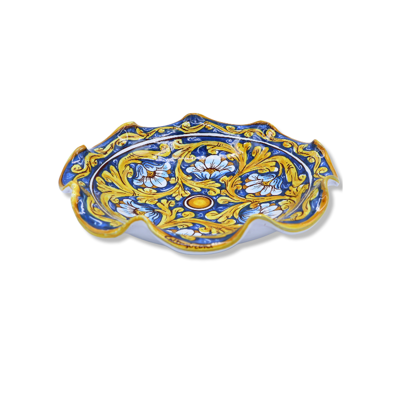 Centrotavola smerlato, in ceramica Caltagirone, 2 opzioni misura (1Unità) decoro barocco e floreale, fondo blu - 