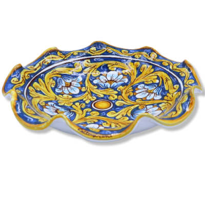 Gewellter Tafelaufsatz aus Caltagirone-Keramik, 2 Größenoptionen (1 Stück), Barock- und Blumendekor, blauer Hintergrund 