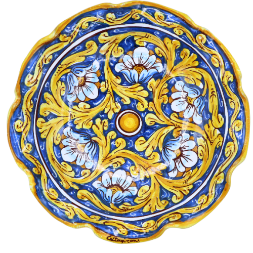Gewellter Tafelaufsatz aus Caltagirone-Keramik, 2 Größenoptionen (1 Stück), Barock- und Blumendekor, blauer Hintergrund 