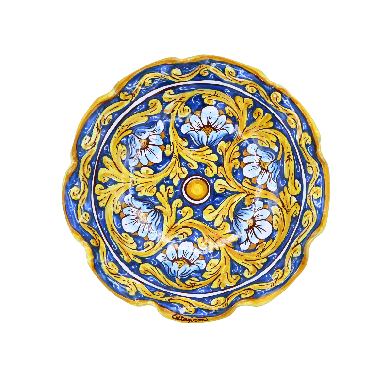 Centro de mesa festoneado, en cerámica de Caltagirone, 2 opciones de tamaño (1ud) decoración barroca y floral, fondo azu