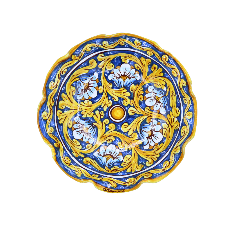 Centrotavola smerlato, in ceramica Caltagirone, 2 opzioni dimensione (1pz) decoro barocco e floreale, fondo blu - 