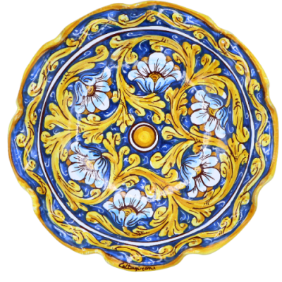 Centro de mesa festoneado, en cerámica de Caltagirone, 2 opciones de tamaño (1ud) decoración barroca y floral, fondo azu