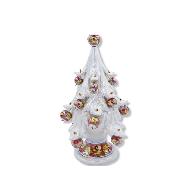 Árbol de Navidad de cerámica de Caltagirone serie ÈLITE, altura aprox. 30 cm - Blanco antiguo y nácar, bolas móviles - 