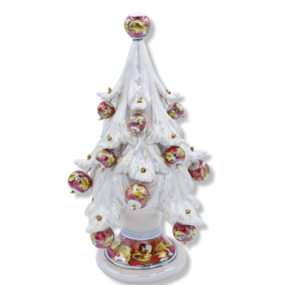 Árvore de Natal de cerâmica Caltagirone série ÈLITE, aprox. 30 cm de altura - Branco antigo e madrepérola, bolas móveis 