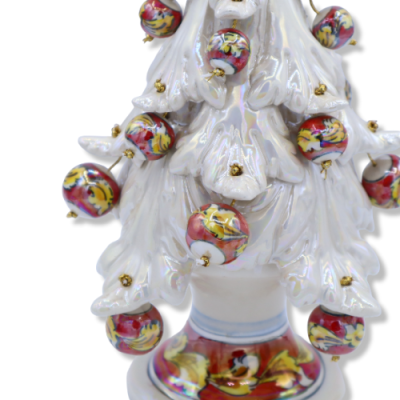 Árbol de Navidad de cerámica de Caltagirone serie ÈLITE, altura aprox. 30 cm - Blanco antiguo y nácar, bolas móviles - 