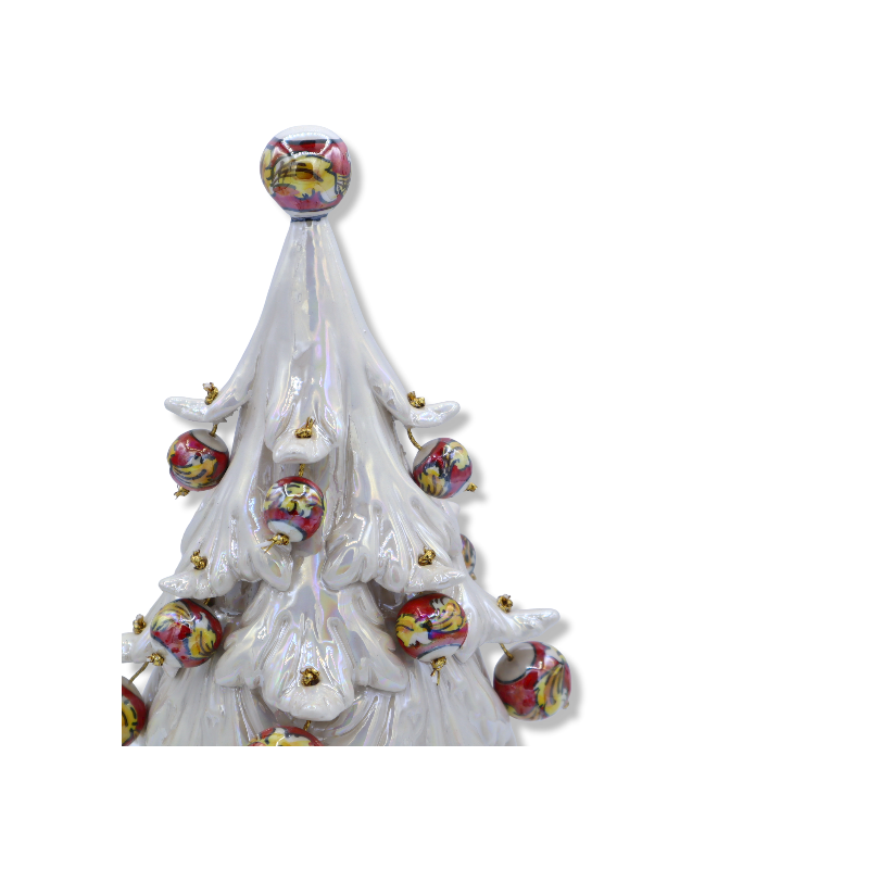 Árbol de Navidad de cerámica de Caltagirone serie ÈLITE, altura aprox. 30 cm - Blanco antiguo y nácar, bolas móviles - 