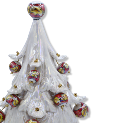 Árvore de Natal de cerâmica Caltagirone série ÈLITE, aprox. 30 cm de altura - Branco antigo e madrepérola, bolas móveis 