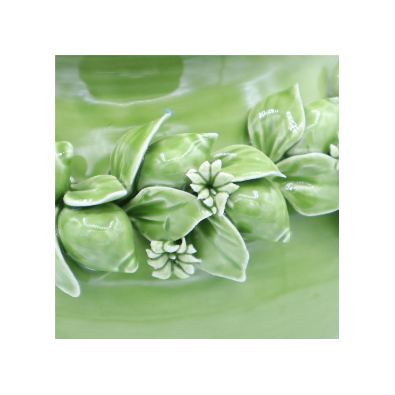 Cachepot Pflanztopf aus feiner Keramik, Applikation von Zitronen und  Orangenblüten auf grünem Grund, D ca. 30 cm. CPR-Mod.