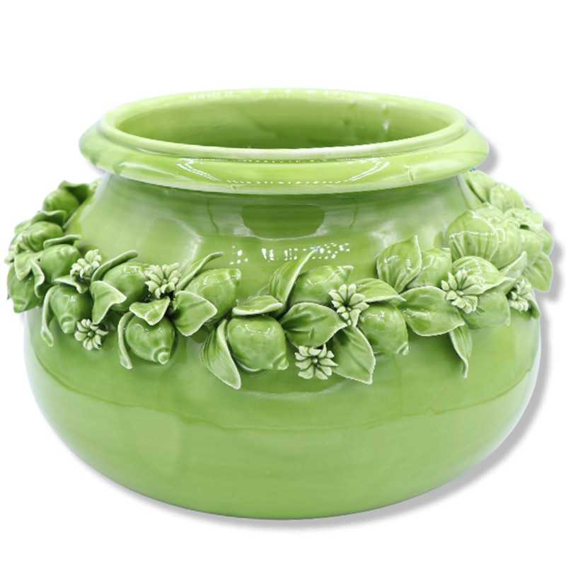 Cachepot Vaso para plantas em cerâmica preciosa, aplicação de limões e flores de laranjeira sobre fundo verde, d 30 cm a