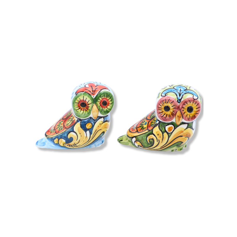 Búho en cerámica Caltagirone, decoración barroca sobre fondos aleatorios, h9 cm aprox. (1 PC) - 