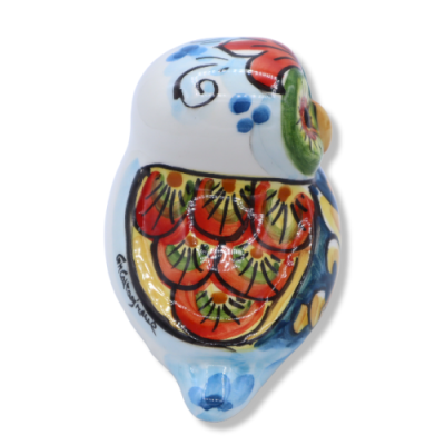 Gufo in Ceramica di Caltagirone, decoro barocco su fondi casuali, h9 cm ca. (1Unità) - 