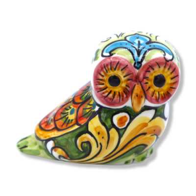 Búho en cerámica Caltagirone, decoración barroca sobre fondos aleatorios, h9 cm aprox. (1 PC) - 