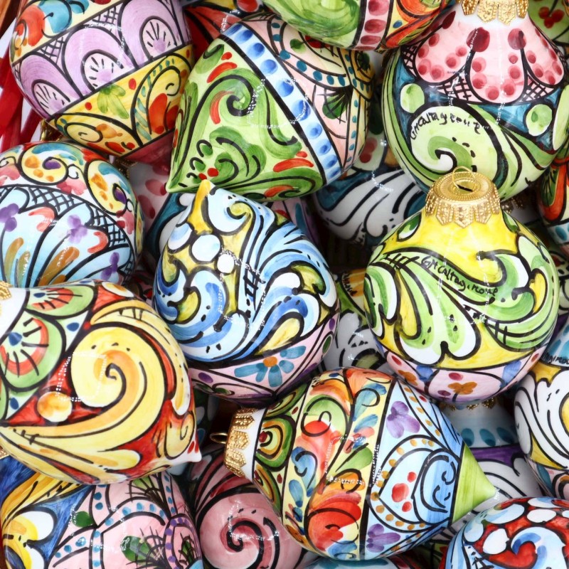 Caltagirone-Keramik-Weihnachtskugel (1 Stück), Tropfenform, in zwei Größen und zufälliger Dekoration, Mod BR - 