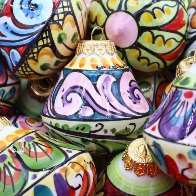 Pallina di Natale in ceramica di Caltagirone (1Unità) forma Campana, decoro casuale, Altezza 8 cm ca. Mod BR - 