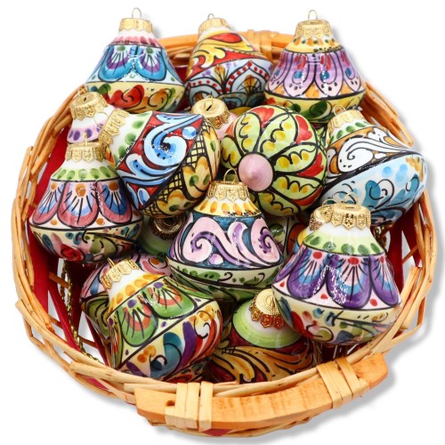 Boule de Noël en céramique Caltagirone (1 pièce) Forme de cloche, décoration aléatoire, Hauteur environ 8 cm. Mod BR - 