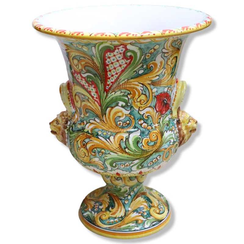 Villa-Vase aus Caltagirone-Keramik, Farbe Verderame und barocke Verzierung mit Henkeln und Löwenköpfen – Höhe ca. 50 cm.