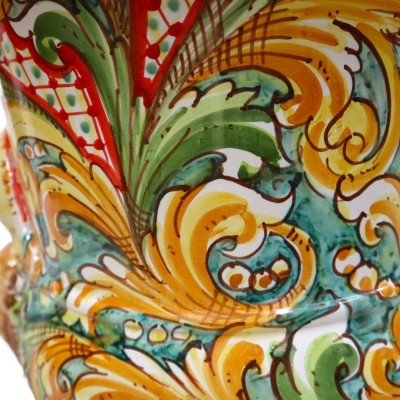 Villa vase in Caltagirone ceramics, Baroque decoration with handles and lion heads - height approx. 50 cm. Mod BR - 