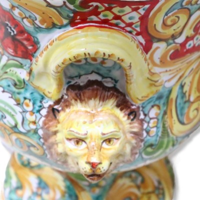 Villa vase in Caltagirone ceramics, Baroque decoration with handles and lion heads - height approx. 50 cm. Mod BR - 