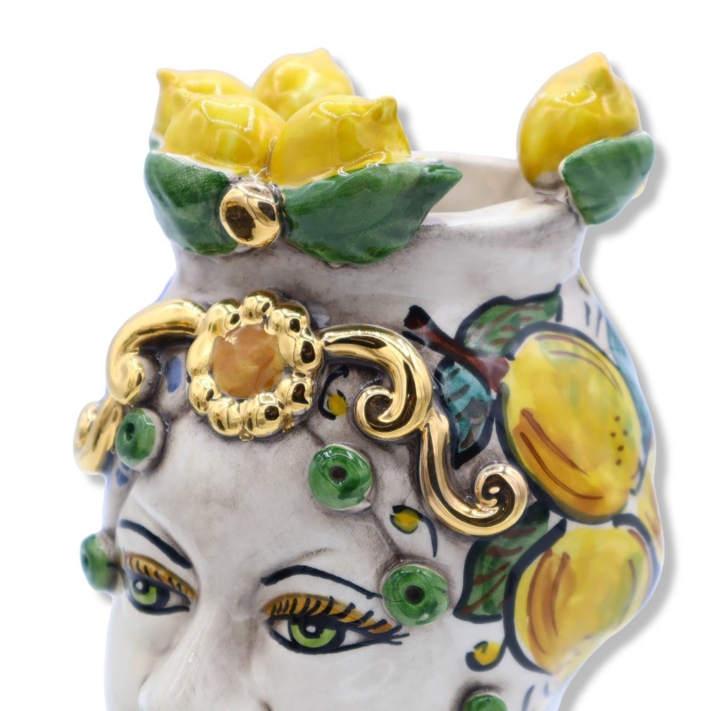 Paire de têtes de lande de Caltagirone avec couronne, décoration de citrons et détails en émail OR pur 24K, h environ 20
