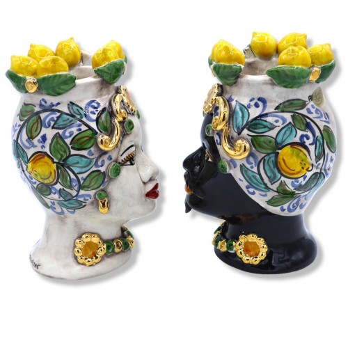 Paire de têtes de lande de Caltagirone avec couronne, décoration de citrons et détails en émail OR pur 24K, h environ 20 2