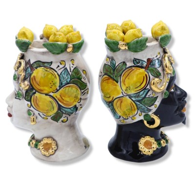 Chefer för Moro Caltagirone med krona, dekoration av citroner och detaljer i glasyr 24K guld, höjd 20 cm ca. Mod AK - 