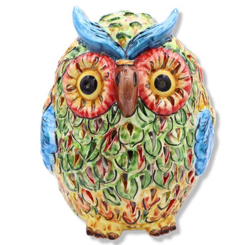 Owl lamp in Caltagirone ceramic, perforated and multicolored plumage, available in two sizes - Mod BR - 